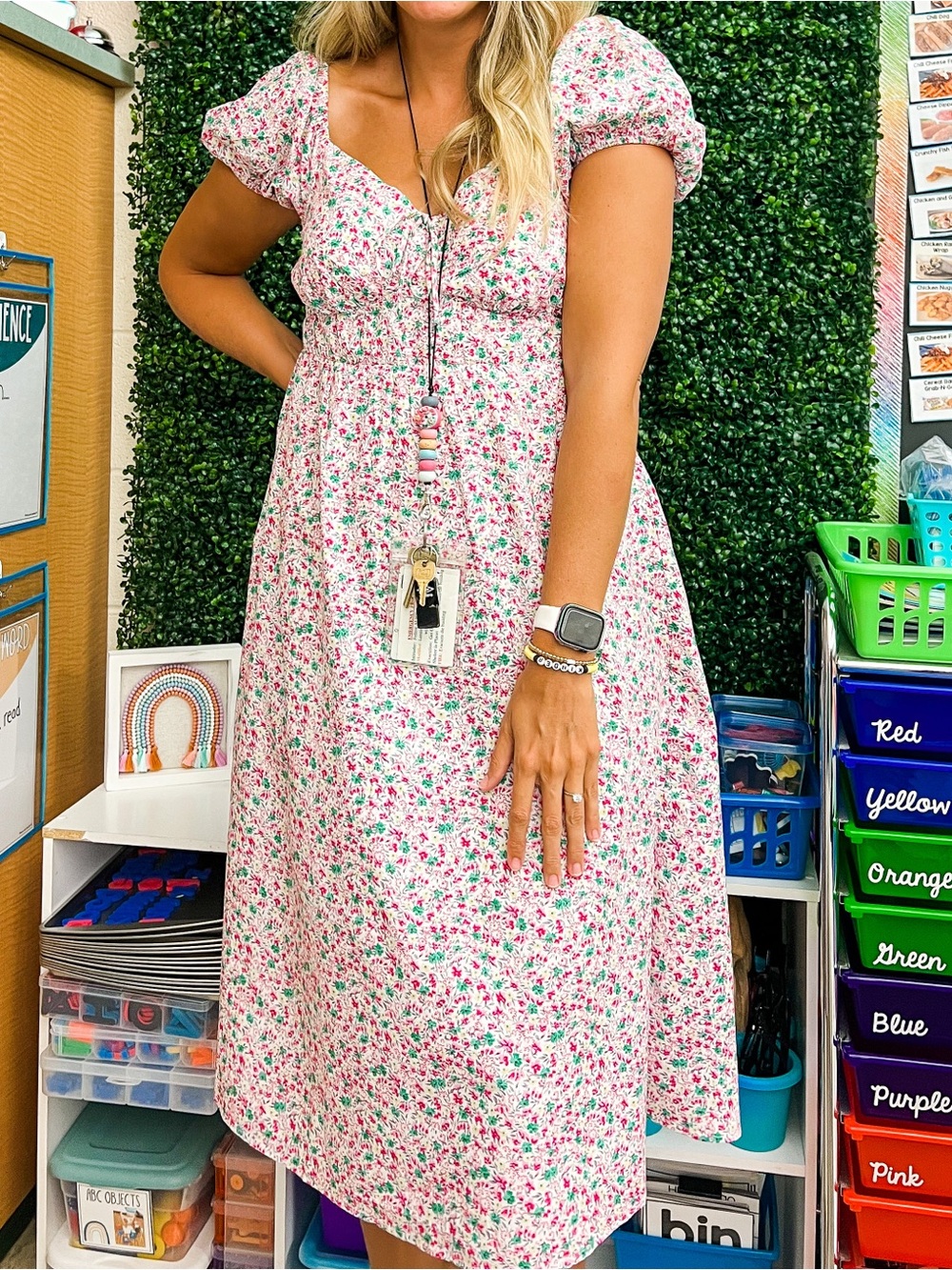 Lush Pink and Green Floral Puff-Sleeve Dress
